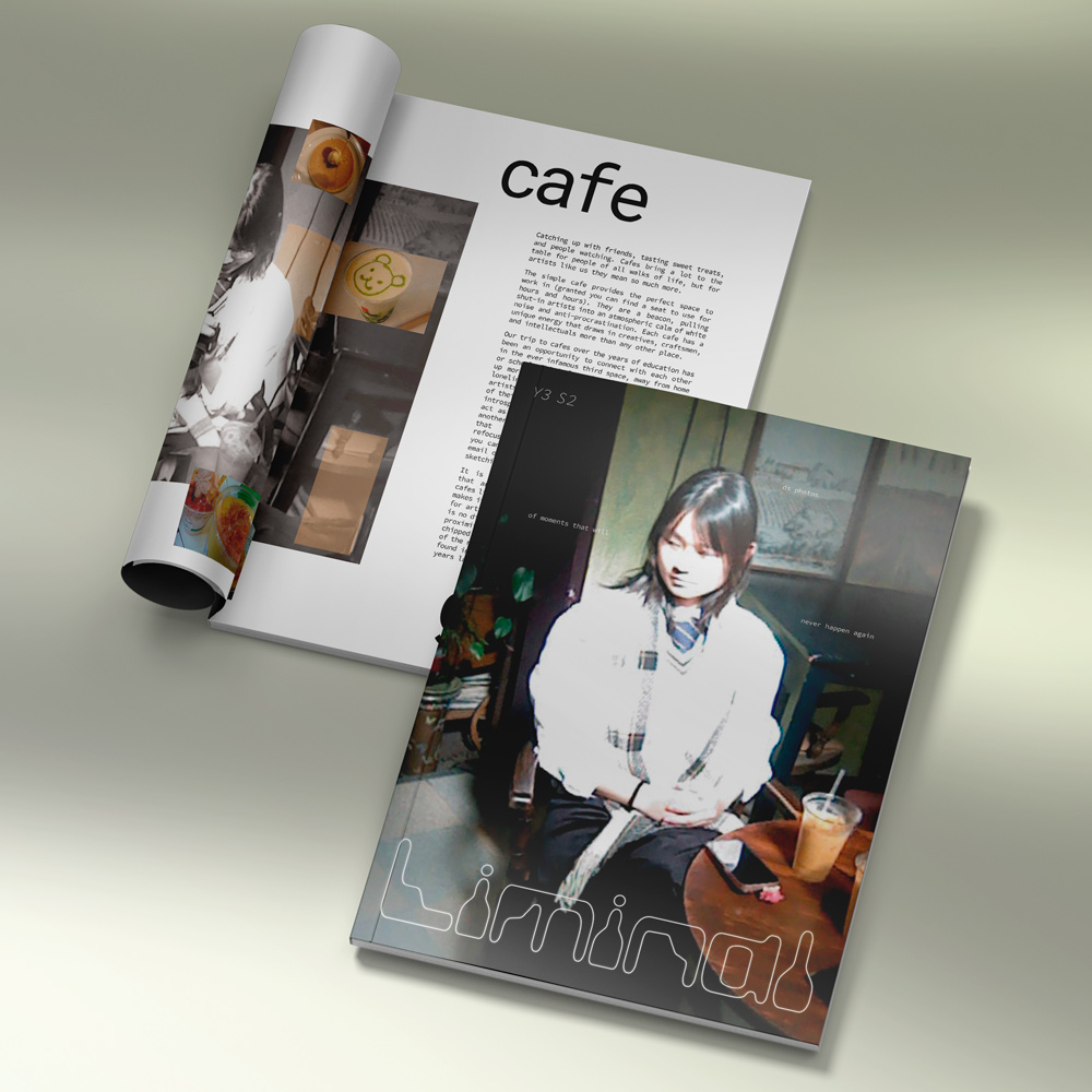 Liminal branded magazine cover and page set in a cafe.