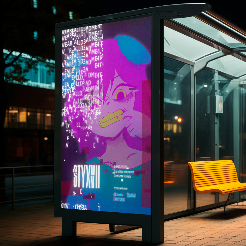 Bus shelter ad for the D3ADME4T music festival. The dog girl mascot is pulling her mouth open and showing her grimace.